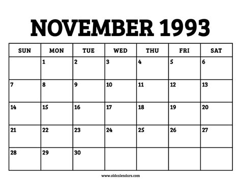 Calendar For November 1993